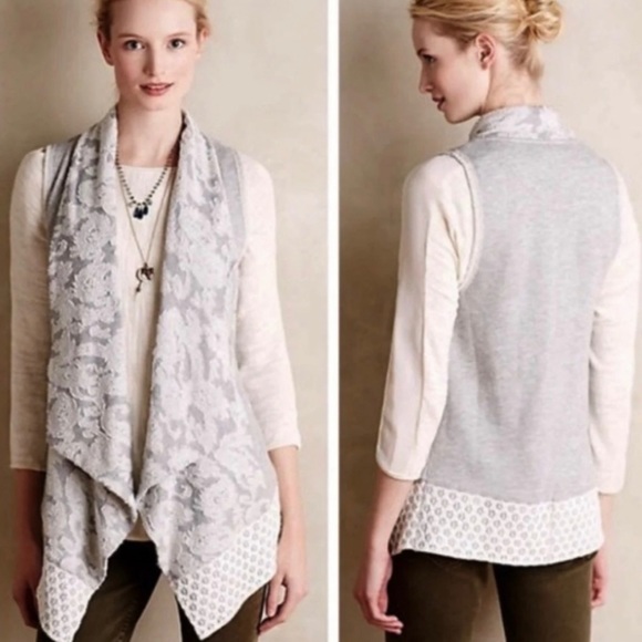 Anthropologie Saturday Sunday Lace knit asymmetrical gray/white open tunic - Picture 8 of 16